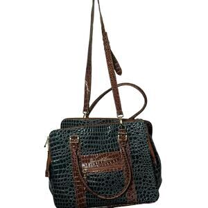 SAMANTHA Emerald Green Brown Croc Embossed Leather Three Compartment Travel Tote